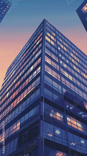 Artistic portrayal of an office building at dusk, highlighting the hustle of corporate culture and the urban business landscape3d vector illustrations photo