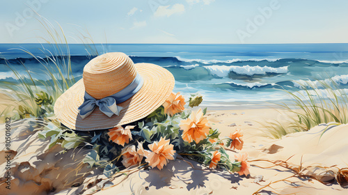 watercolor painting illustration of summer vacation, brimmed hat on the beach, independent, freedom, and relaxation concept for holiday. photo
