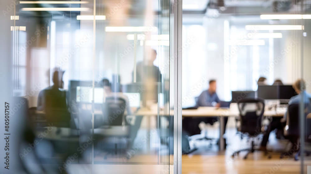 Bright business workplace with people in walking in blurred motion in modern office space