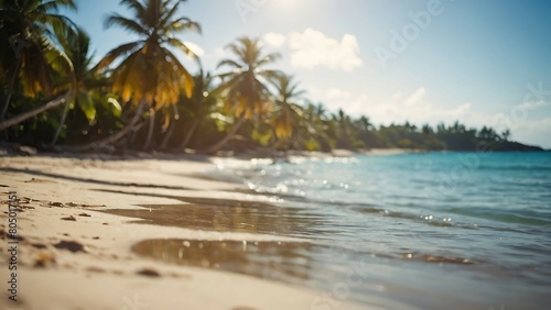 Blur image of beautiful tropical beach and sea with coconut palm tree. summer vacation concept