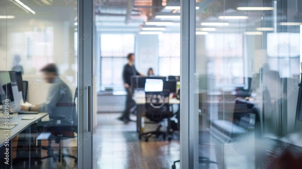 Bright business workplace with people in walking in blurred motion in modern office space Bright business workplace with people in walking in blurred motion in modern office space