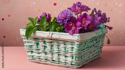 Basket with camomies watercolor hand drawn illustration wild flowers photo