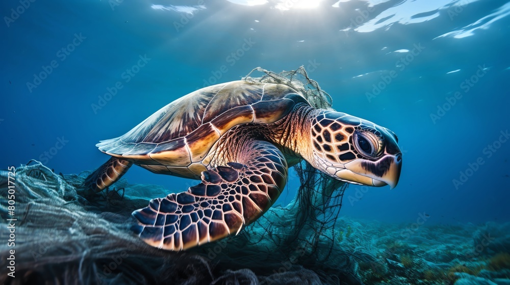 Obraz premium A sea turtle swims through a vast ocean of plastic trash