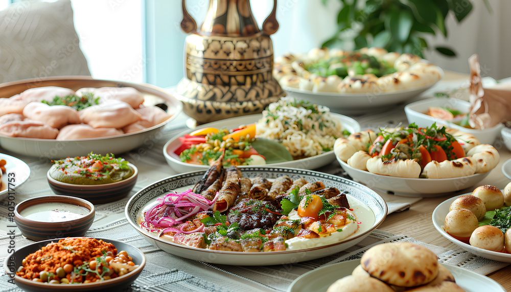 Traditional Eastern dishes for Ramadan on dining table in room, closeup Traditional Eastern dishes for Ramadan on dining table in room, closeup