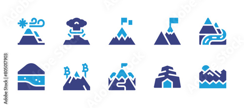 Mountain icon set. Duotone color. Vector illustration. Containing goal, mountain, cave, achievement, ramp, explosion, bitcoin, river, sierranevada, bay. photo