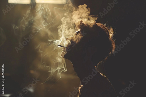 Cigarette smoke clouding over a human silhouette addiction enveloping lifestyle 