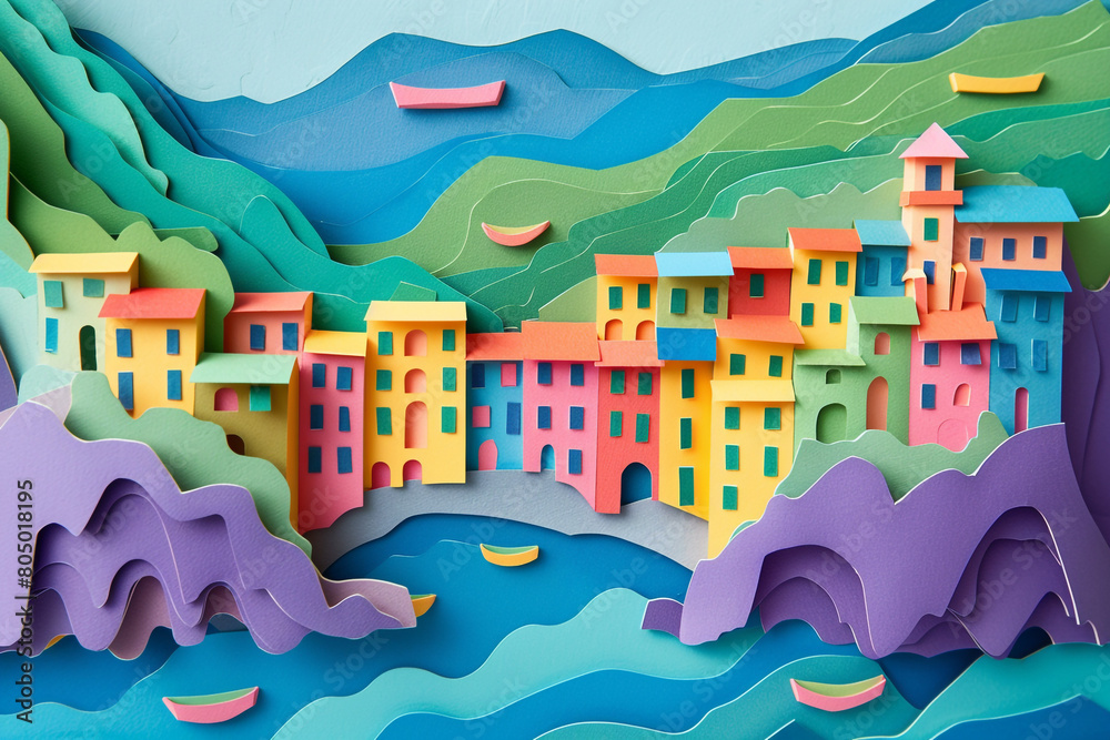 Cinque Terres colorful houses and seaside cliffs transformed into a vibrant paper cut landscape Italian charm captured 