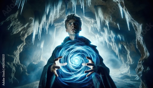 young sorcerer channeling a powerful spell in an ancient cave. His expression is focused and determined, photo
