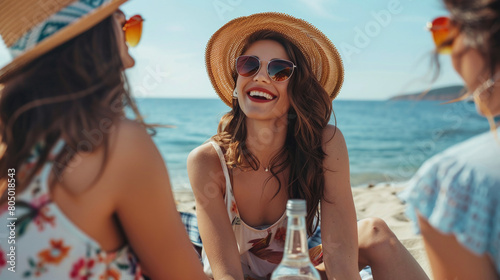 A small group of friends having fun and talking on the beach with the sea in the background