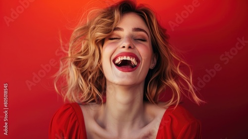 Woman with tousled hair laughing against a vibrant red background