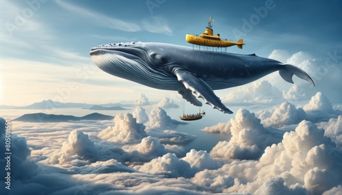 surreal scene where a giant gray humpback whale is floating in the sky, cleverly transformed into a flying vessel photo