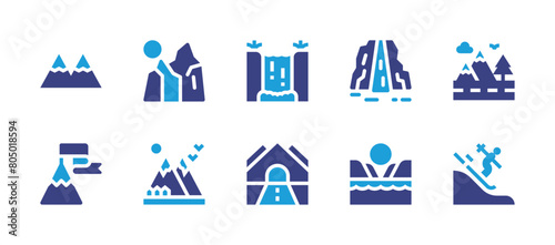 Mountain icon set. Duotone color. Vector illustration. Containing skiing, mountainroad, mountains, mountain, tugelawaterfall, waterfall, beach, road. photo