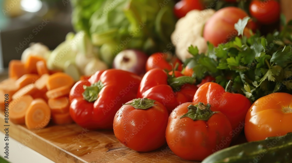 Assortment of Fresh Vegetables on Cutting Board, Ready for Cooking Nutritious Meals Assortment of Fresh Vegetables on Cutting Board, Ready for Cooking Nutritious Meals