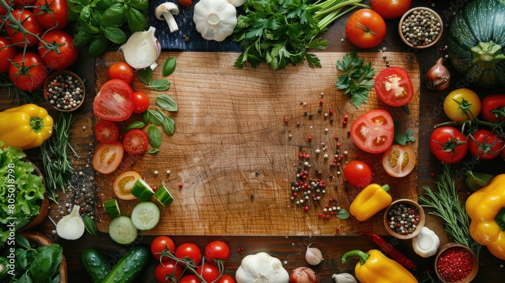 Assortment of Fresh Vegetables on Cutting Board, Ready for Cooking Nutritious Meals Assortment of Fresh Vegetables on Cutting Board, Ready for Cooking Nutritious Meals