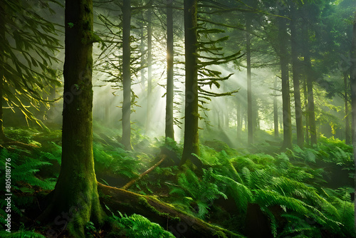 A misty, enchanted forest with sunbeams filtering through the tall tree canopy. The trees are ancient and gnarled, with thick, moss-covered trunks and twisted branches. The forest floor is carpeted wi photo