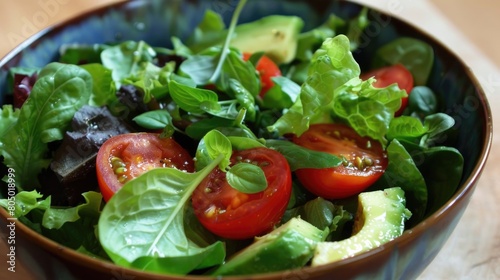 Bowl of Fresh Salad with Leafy Greens, Tomatoes, and Avocado, Perfect for Healthy Eating