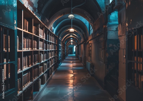 Majestic Library Hallway with Bookshelves and Arch Ceiling Architecture