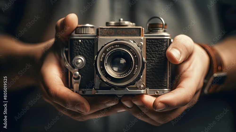 A close-up of a hand holding a vintage camera