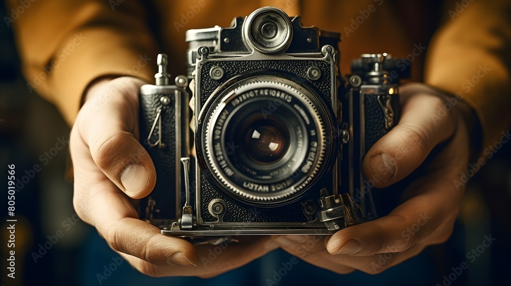 A close-up of a hand holding a vintage camera