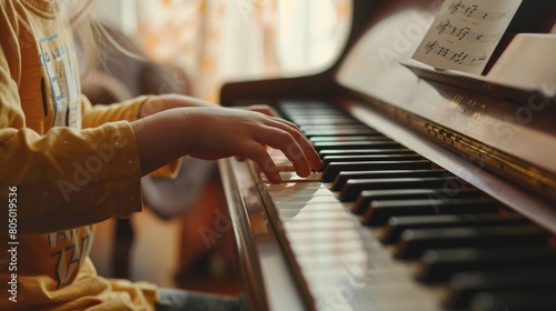 Child practices piano with increasing confidence, music sheets nearby photo