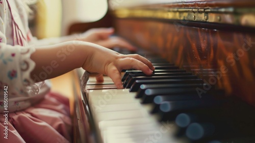 Child practices piano with increasing confidence, music sheets nearby photo