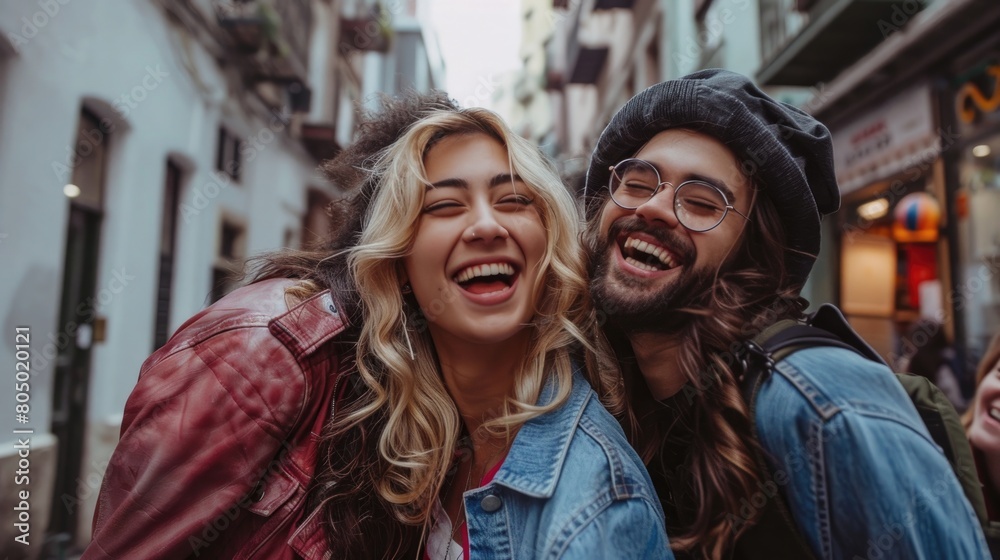 Fototapeta premium Groups of friends relishing in spontaneous adventures, carefree laughter echoing through charming streets and scenic vistas.