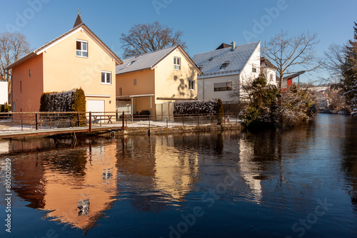 Houses by the river Wolfegger Ach in Baienfurt, Baden Wuerttemberg