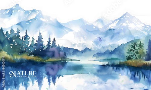 Watercolor forest landscape background. Beautiful watercolor nature landscape with lake,mountains and forest.Watercolor illustration design elements for landscape background and wallpaper.