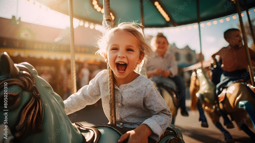 Joyful child riding a carousel horse at sunset, expressing happiness and excitement.