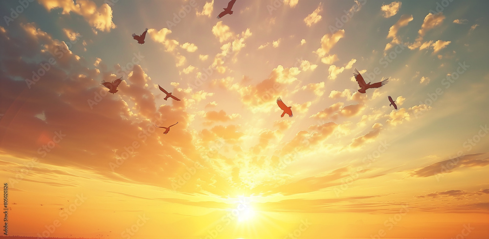 A painting depicting a sunrise with birds flying in the sky, symbolizing hope and new beginnings for World Wildlife Day. The artwork is rendered in the style of an impressionist artist, with vibrant A painting depicting a sunrise with birds flying in the sky, symbolizing hope and new beginnings for World Wildlife Day. The artwork is rendered in the style of an impressionist artist, with vibrant