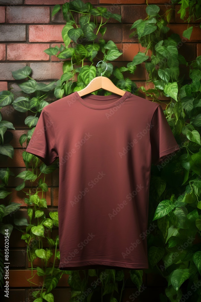 A cozy sweat T shirt mockup, well-lit studio against a backdrop of plants with a warm burgundy brick wall