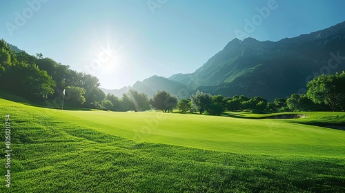 Golf course with mountain and blue sky background.