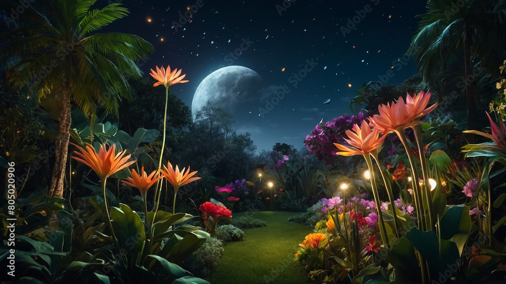 A beautiful fairytale enchanted forest at night with a big moon in the sky illuminating trees and great vegetation.
A beautiful fairytale enchanted forest at night with a big moon in the sky illuminating trees and great vegetation.