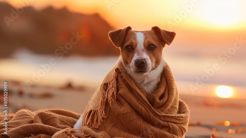 Jack Russell Terrier Wrapped in Blanket on Beach at Sunset