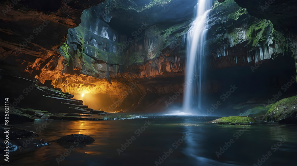 Mystical waterfall in a hidden cave. Mystical waterfall in a hidden cave.