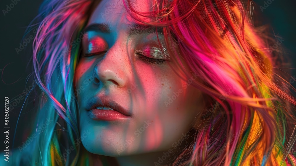 Woman with rainbow-colored hair and closed eyes
