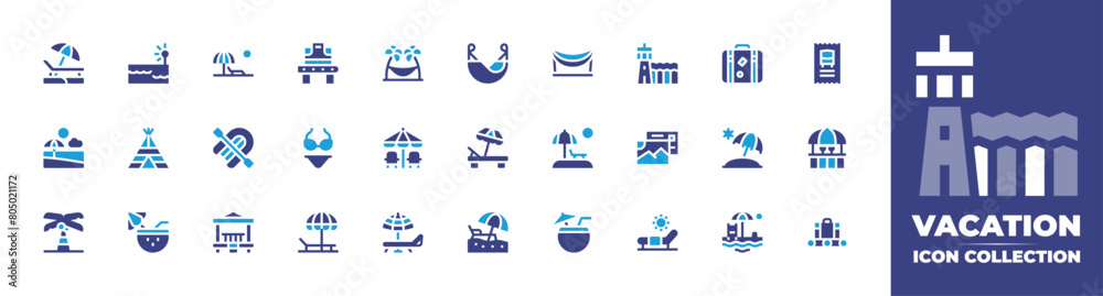 Vacation icon collection. Duotone color. Vector and transparent illustration. Containing coconutdrink, beach, bikini, rowboat, sunbed, postcard, palmtree, sunbathing, gazebo, tent, cocktail.