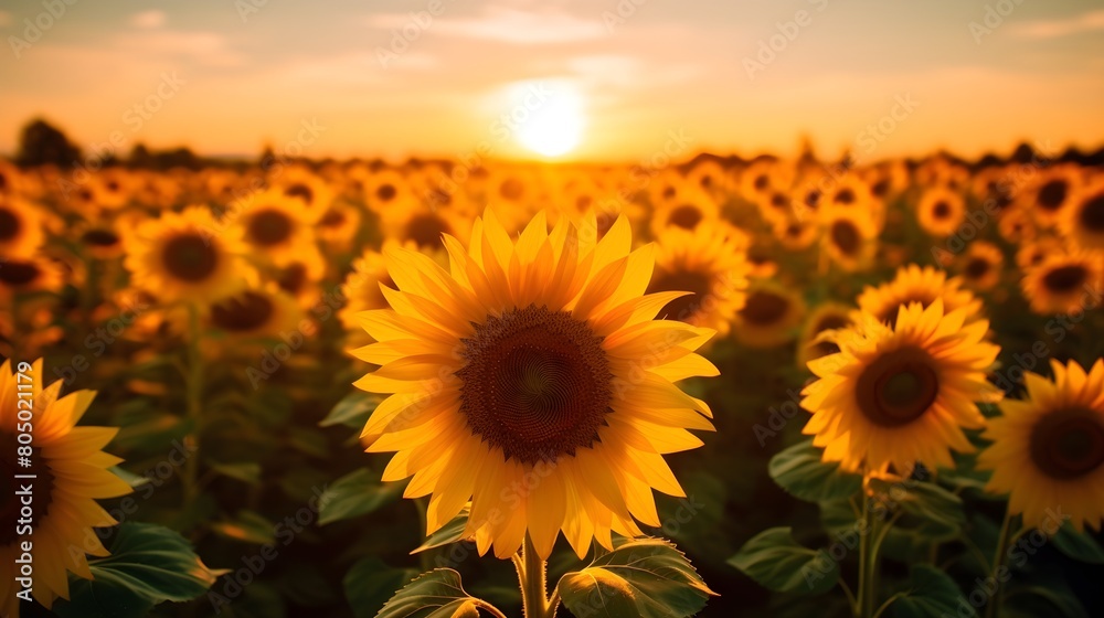 Obraz premium A field of sunflowers in the golden glow of autumn sunlight