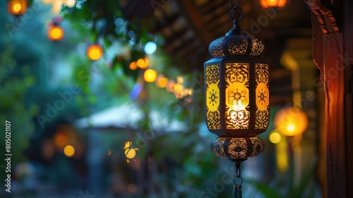 Illuminated traditional fanous lantern on a serene background photo