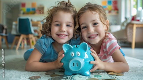 Kids Saving Money in Piggy Bank with Happy Smiles, Teaching Financial Responsibility