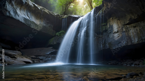 Mystical waterfall in a hidden cave.