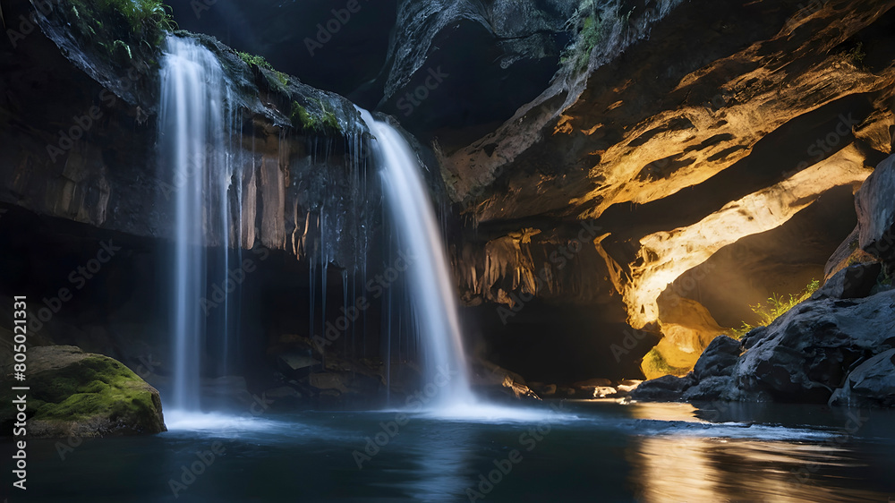 Mystical waterfall in a hidden cave. Mystical waterfall in a hidden cave.