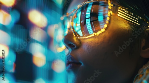 Woman with Reflective Glasses Observing Digital Data