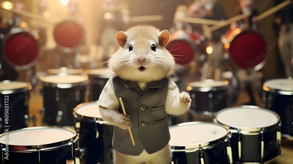 Obraz premium A hamster in a conductor's suit, leading a delightful orchestra of tiny instruments
