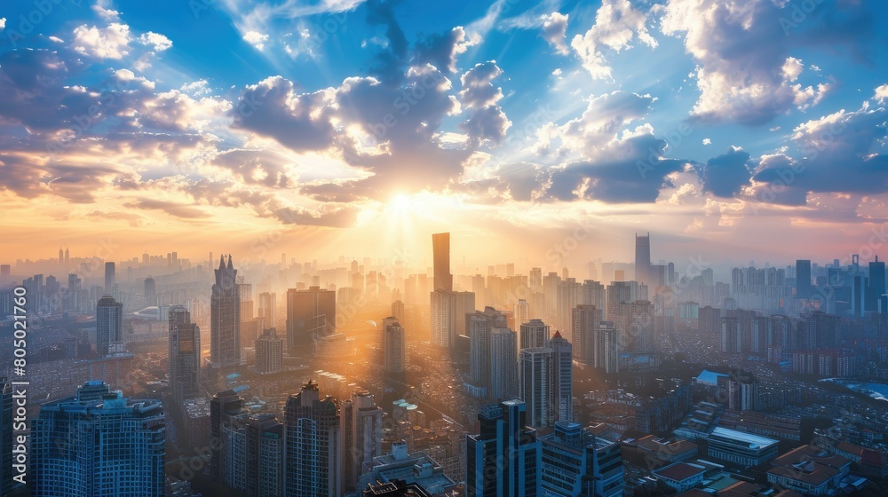 Fototapeta premium modern cityscape, skyline with clouds and sunlight background