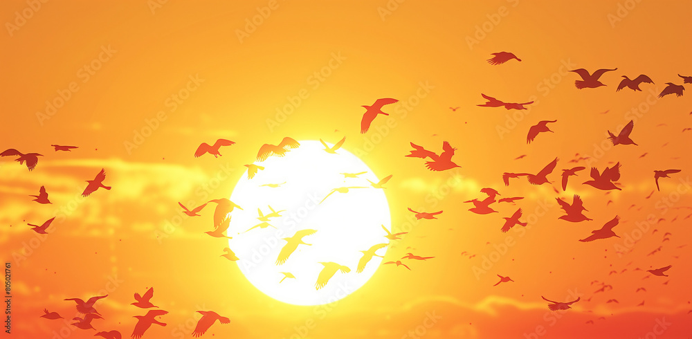 A picturesque scene of the sun setting with birds flying in the sky, set against an orange-yellow background. The composition includes a designated area for adding text or graphics. A warm ambiance 