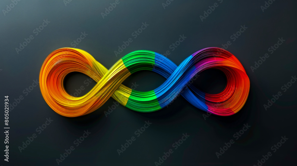 Triple sign of an endless rainbow on dark blue gradient background. Symbol of movement for rights and acceptance of autism. World Autism Awareness, Neurodiversity Day. Neuro disorder. Copy space. Triple sign of an endless rainbow on dark blue gradient background. Symbol of movement for rights and acceptance of autism. World Autism Awareness, Neurodiversity Day. Neuro disorder. Copy space.