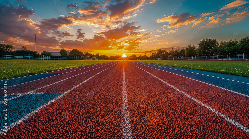 Red running track with white marking stripes without people, in sunset. Cinder treadmill in stadium. Comfortable environment for healthy lifestyle, sports, training. Summer sport and fitness concept. Red running track with white marking stripes without people, in sunset. Cinder treadmill in stadium. Comfortable environment for healthy lifestyle, sports, training. Summer sport and fitness concept.