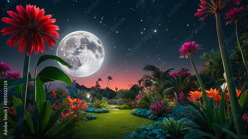 A beautiful fairytale enchanted forest at night with a big moon in the sky illuminating trees and great vegetation.
A beautiful fairytale enchanted forest at night with a big moon in the sky illuminating trees and great vegetation.