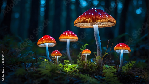 Enchanted Forest Discovery, Close-up of fantastical glowing mushrooms, illuminating the mystery of a dark woodland.